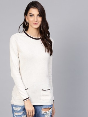 STREET9 Solid Round Neck Casual Women White Sweater