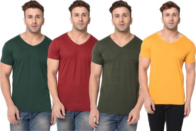 Adorbs Self Design, Solid Men V Neck Dark Green, Maroon, Yellow T-Shirt