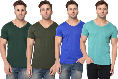 Adorbs Self Design, Solid Men V Neck Dark Green, Light Blue, Blue T-Shirt