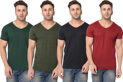 Adorbs Self Design, Solid Men V Neck Dark Green, Maroon, Black T-Shirt
