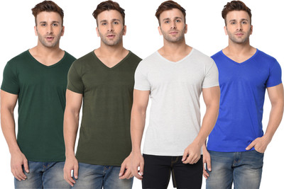 Jangoboy Self Design, Solid Men V Neck Dark Green, Blue, Grey T-Shirt
