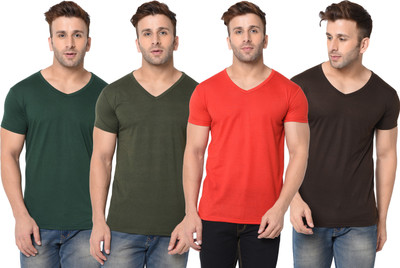 Jangoboy Solid Men V Neck Red, Green, Brown T-Shirt