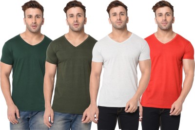 Adorbs Self Design, Solid Men V Neck Dark Green, Red, Grey T-Shirt