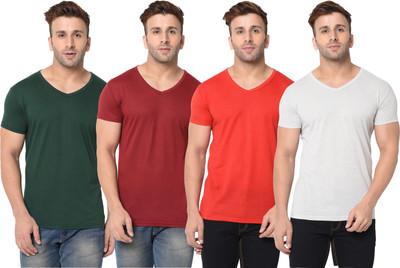 Jangoboy Solid Men V Neck Multicolor T-Shirt
