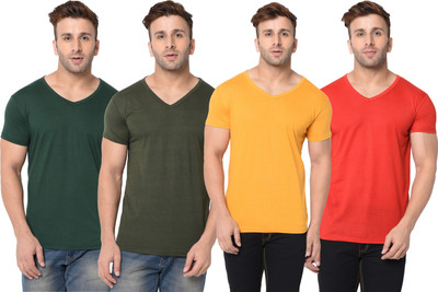 Adorbs Solid Men V Neck Dark Green, Red, Yellow T-Shirt