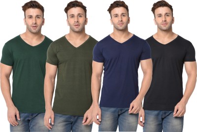 Jangoboy Self Design, Solid Men V Neck Dark Blue, Dark Green, Black T-Shirt