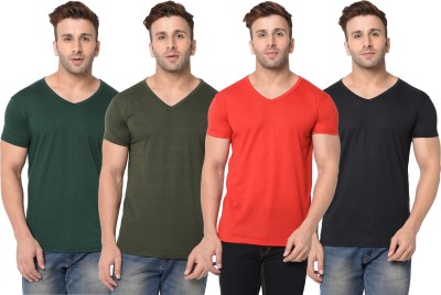 Adorbs Solid, Self Design Men V Neck Dark Green, Red, Black T-Shirt