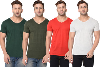 Adorbs Self Design, Solid Men V Neck Dark Green, Red, Grey T-Shirt
