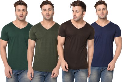 Jangoboy Self Design, Solid Men V Neck Dark Blue, Dark Green, Brown T-Shirt