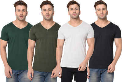 Jangoboy Self Design, Solid Men V Neck Dark Green, Black, Grey T-Shirt