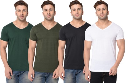 Jangoboy Self Design, Solid Men V Neck Dark Green, White, Black T-Shirt