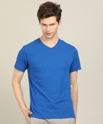 VAN HEUSEN Solid Men V Neck Blue T-Shirt