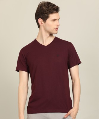 VAN HEUSEN Solid Men V Neck Maroon T-Shirt