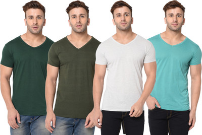 Jangoboy Self Design, Solid Men V Neck Dark Green, Light Blue, Grey T-Shirt