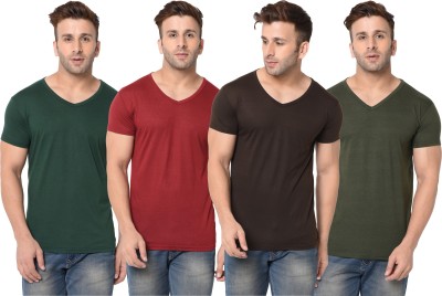 Jangoboy Solid Men V Neck Dark Green, Brown, Maroon T-Shirt