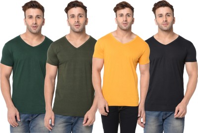 Jangoboy Self Design, Solid Men V Neck Dark Green, Black, Yellow T-Shirt