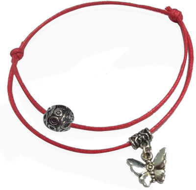 Gurjari Jewellers Adjustable Thread anklet in two layer with oxidised Beads and buterfly hanging Cotton Dori Anklet