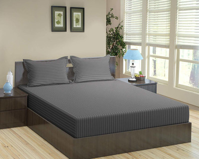 CHICERY 210 TC Polycotton Double Striped Flat Bedsheet(Pack of 1, Grey)