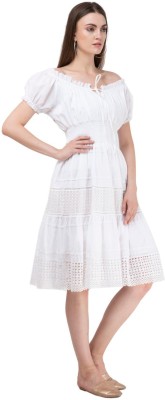 SAAKAA Women Fit and Flare White Dress