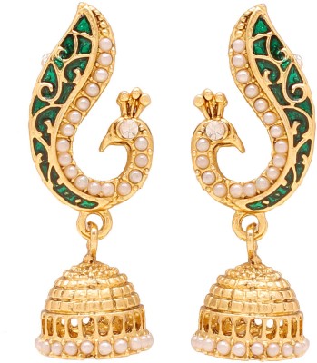 MissMister Gold Plated Brass Green Peacock Dangle & Drop Jhumki Earrings Pearl Brass Jhumki Earring