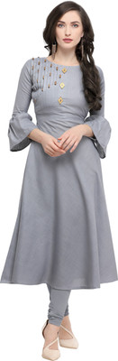 Heer Enterprise Women Solid Asymmetric Kurta(Grey)
