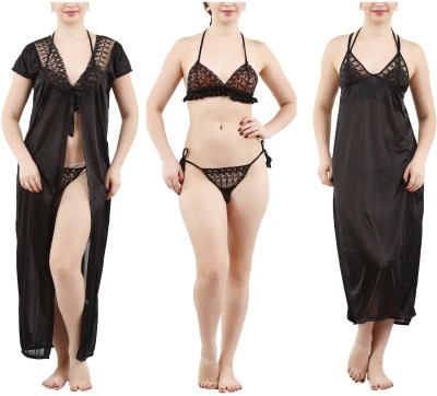 Reposey Women Robe and Lingerie Set(Black)