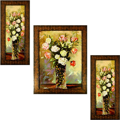 Indianara Set of 3 Floral (1706) Without Glass 6 x 13, 10.2 x 13, 6 x 13 inch Digital Reprint 13 inch x 22.2 inch Painting(With Frame, Pack of 3)