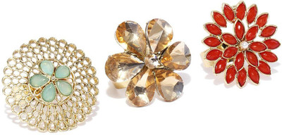 ZAVERI PEARLS Combo of 3 Flower shape Stone Gold Plated Ring Set
