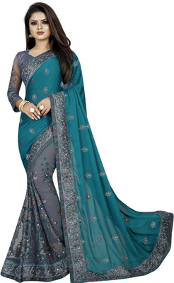 b bella creation Embroidered Fashion Vichitra, Net Saree(Multicolor, Grey)