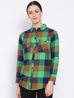 OXOLLOXO Women Checkered Casual Green Shirt