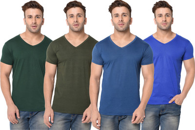 Jangoboy Self Design, Solid Men V Neck Dark Green, Blue T-Shirt