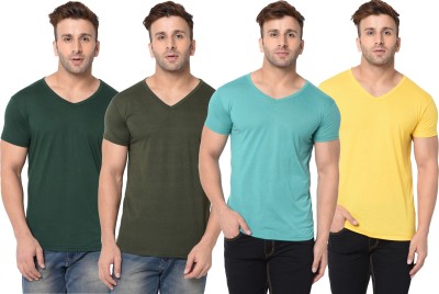 Jangoboy Self Design, Solid Men V Neck Dark Green, Light Blue, Yellow T-Shirt