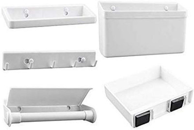 Oxfo 5 Compartments Plastic 5 IN 1 Magnetic Tissue Paper Roll Holder Spice Rack Towel Rack Hook Rack Cruet Stand Side Tray Holder Fridge Organizer Paper Roll Dispenser(White)