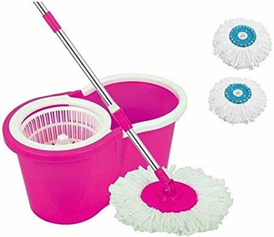 Diem 360° Spin Floor Mop And Bucket with Plastic Spinner_1 Microfiber Refill_Pink Mop Set(Pink)