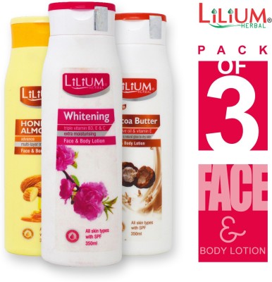 LILIUM Herbal Cocoa Butter, Whitening, Honey & Almonds Face & Body Lotion 350ml Each Pack of 3(350 ml)