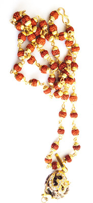 FashionCraft Religious Stylish & Trendy Most Popular Designer Lord Shiv 5 Mukhi Rudraksha & Om With Punch Mukhi Rudraksha Mala Design Gold Plated Rudraksha Cap Mala Gold-plated Plated Alloy, Brass, Wood Chain