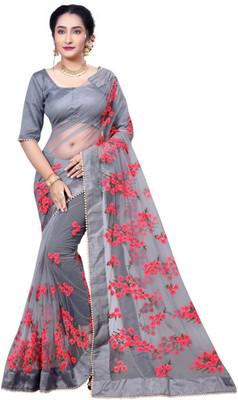 Availkart Embroidered Fashion Cotton Blend Saree(Grey)