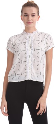 FLYING MACHINE Casual Short Sleeve Printed Women White Top