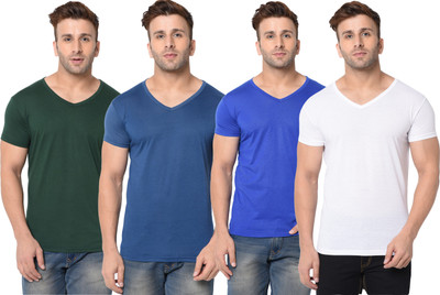 Adorbs Self Design, Solid Men V Neck Dark Green, White, Blue T-Shirt