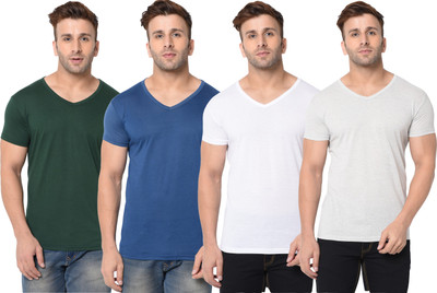 Jangoboy Self Design, Solid Men V Neck Dark Blue, Dark Green, White T-Shirt