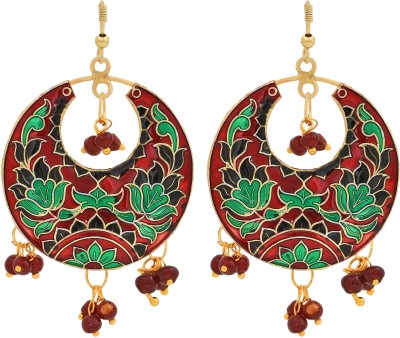 morir Gold Plated Multi-Colour Meenakari Minakari Round Shape Chand Design Maroon Pearls Traditional Hand Painted Drop Dangle Lightweight Indian Earrings Jewelry for Women and Girls Brass Earring Set
