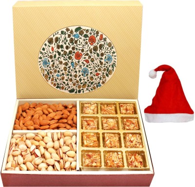 Ghasitaram Gifts Christmas-Eco 4 Part Print 12 Pcs Roasted Almond Bites ,Almonds and Pistachios Hamper Box Combo(500g)