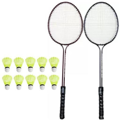 Monika Sports Pair of Double Shaft Racquets with 10 pc Shuttle Badminton Kit