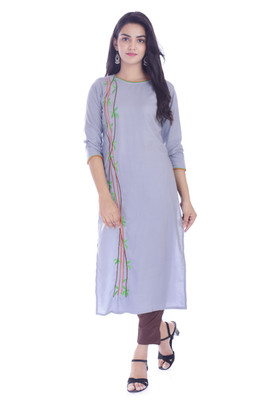 Vasavi Women Embroidered Straight Kurta(Grey)