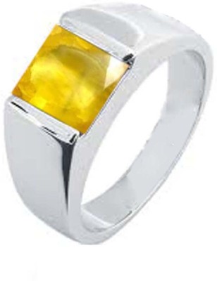 PTM Certified Yellow Sapphire (Pukhraj) Square 3.25 Ratti or 3 Carat for Male & Female 92.5 Sterling Silver Sterling Silver Ring