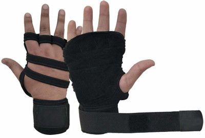 GymWar Leather Netted With Wrist Support Gym & Fitness Gloves(Black)