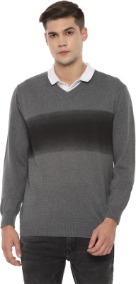 LOUIS PHILIPPE Self Design V Neck Casual Men Grey Sweater