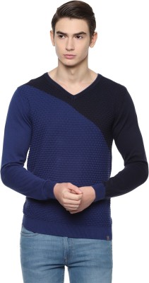 LOUIS PHILIPPE Self Design V Neck Casual Men Blue Sweater