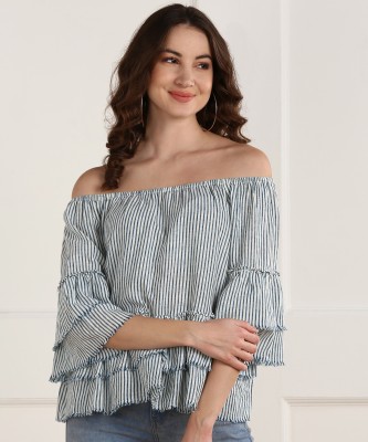 ONLY Casual Bell Sleeve Striped Women White, Blue Top