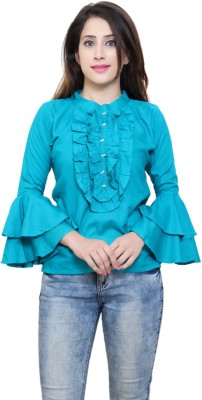 CRAZEVILLA Party Bell Sleeve Solid Women Blue Top